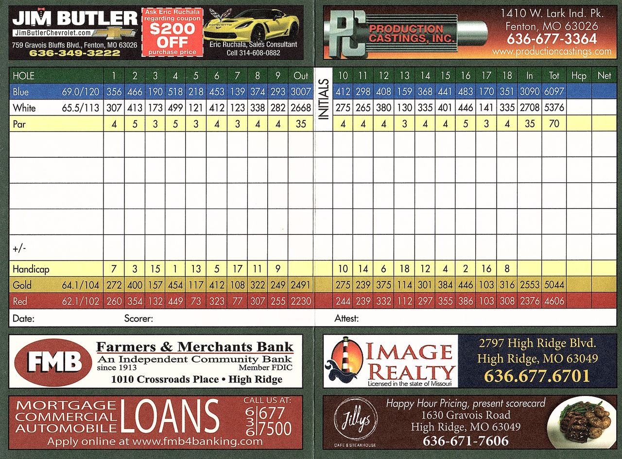 Scorecard Sugar Creek Golf Course